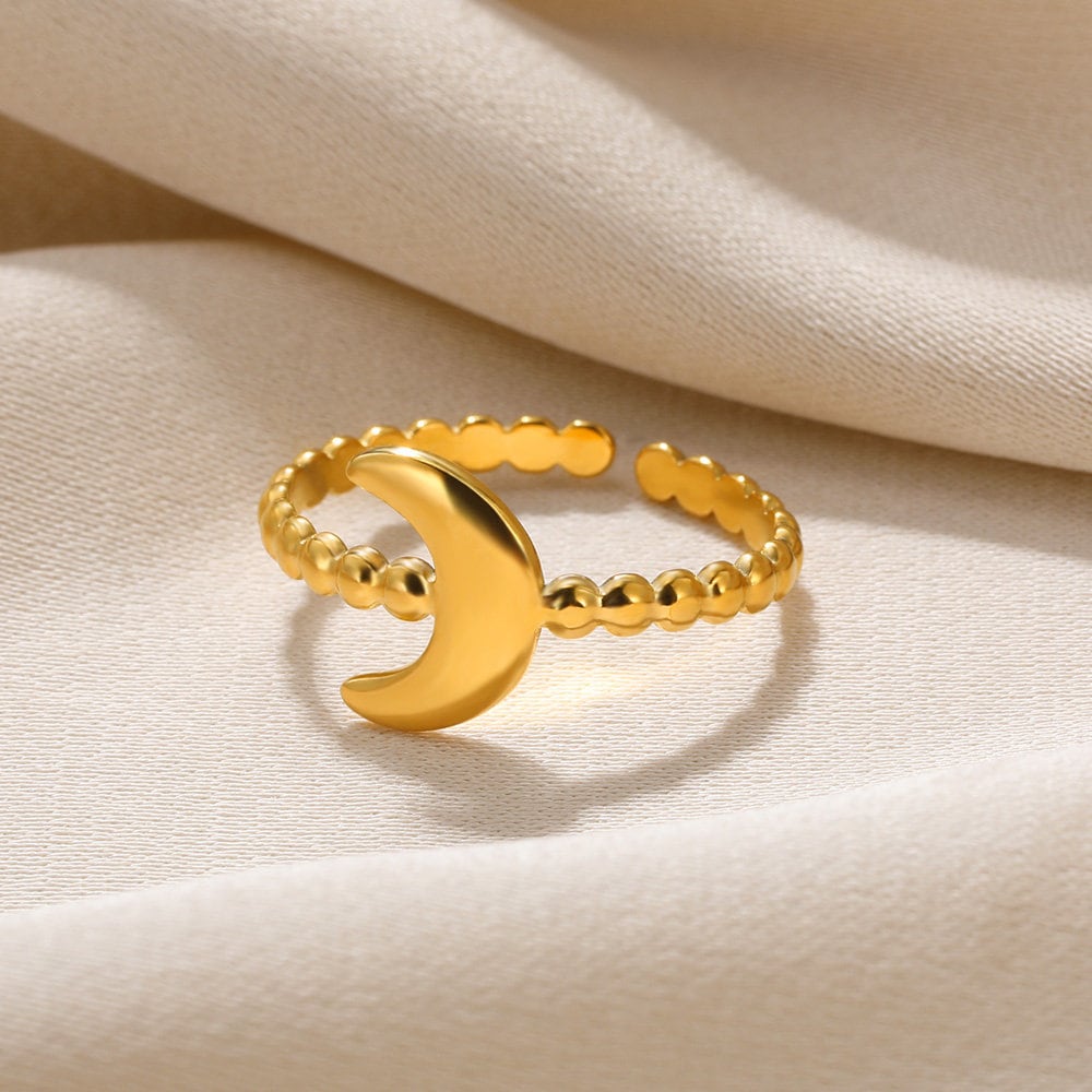 Punk Gold Moon Ring, 18K Gold Boho Moon Ring, Gothic Dainty Minimalist Adjustable Bead Ring for Women, Gift for Her