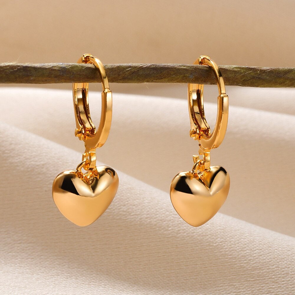 Boho 18K Gold Heart Hoop Earrings, Punk Gold Heart Dangle Earrings