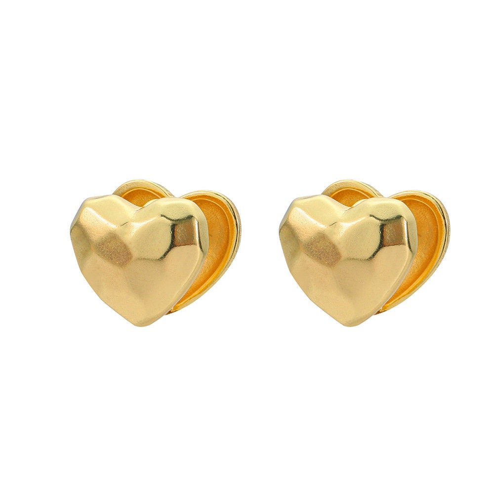 Punk Gold Heart Stud Earrings, 18K Gold Double Heart Earrings, Boho Dainty Minimalist Double Heart Earrings for Women, Gift for Her