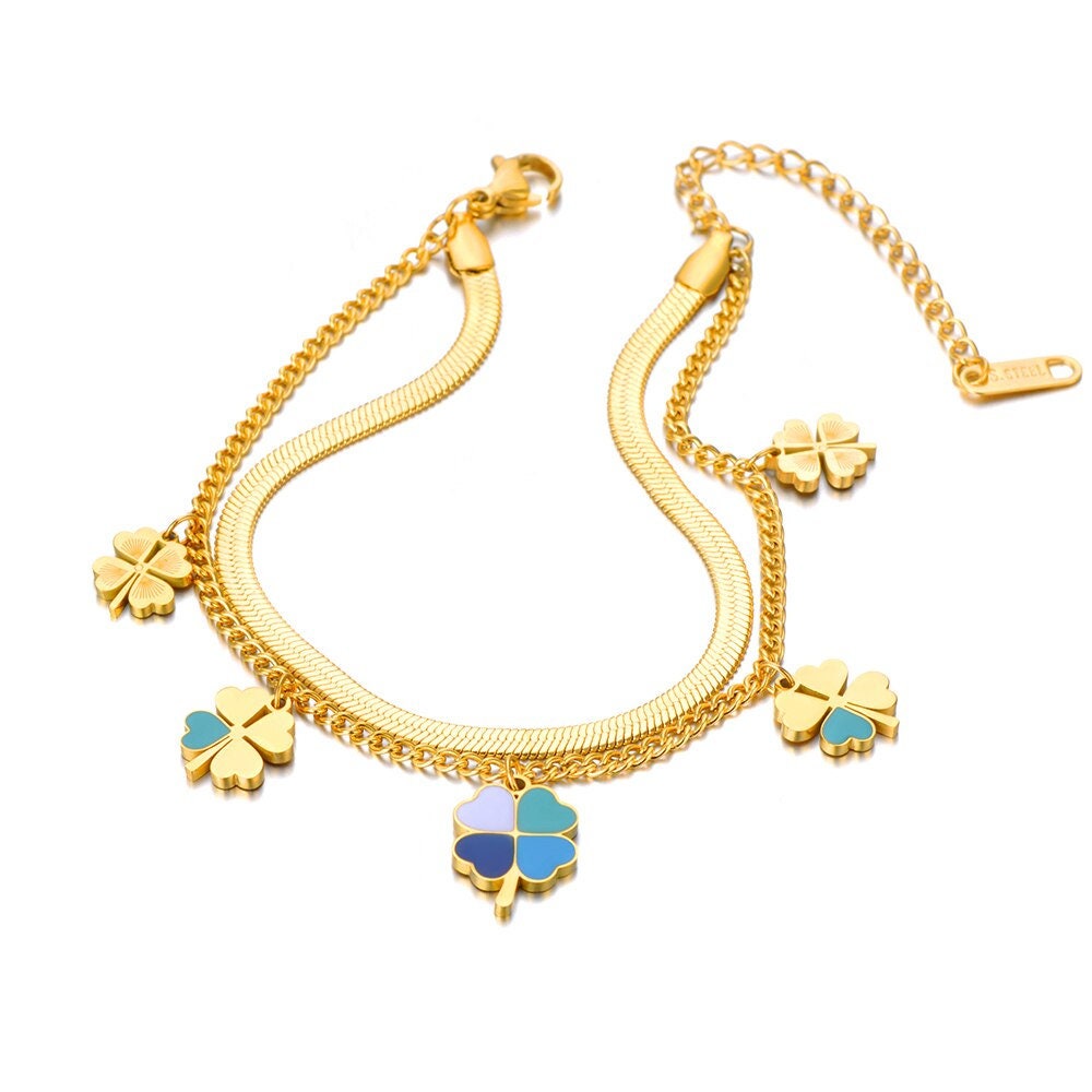 Boho Gold Clover Charm Bracelet, 18K Gold Dainty Clover Bracelet, Punk Minimalist Lucky Clover Charm for Women, Gift for Her
