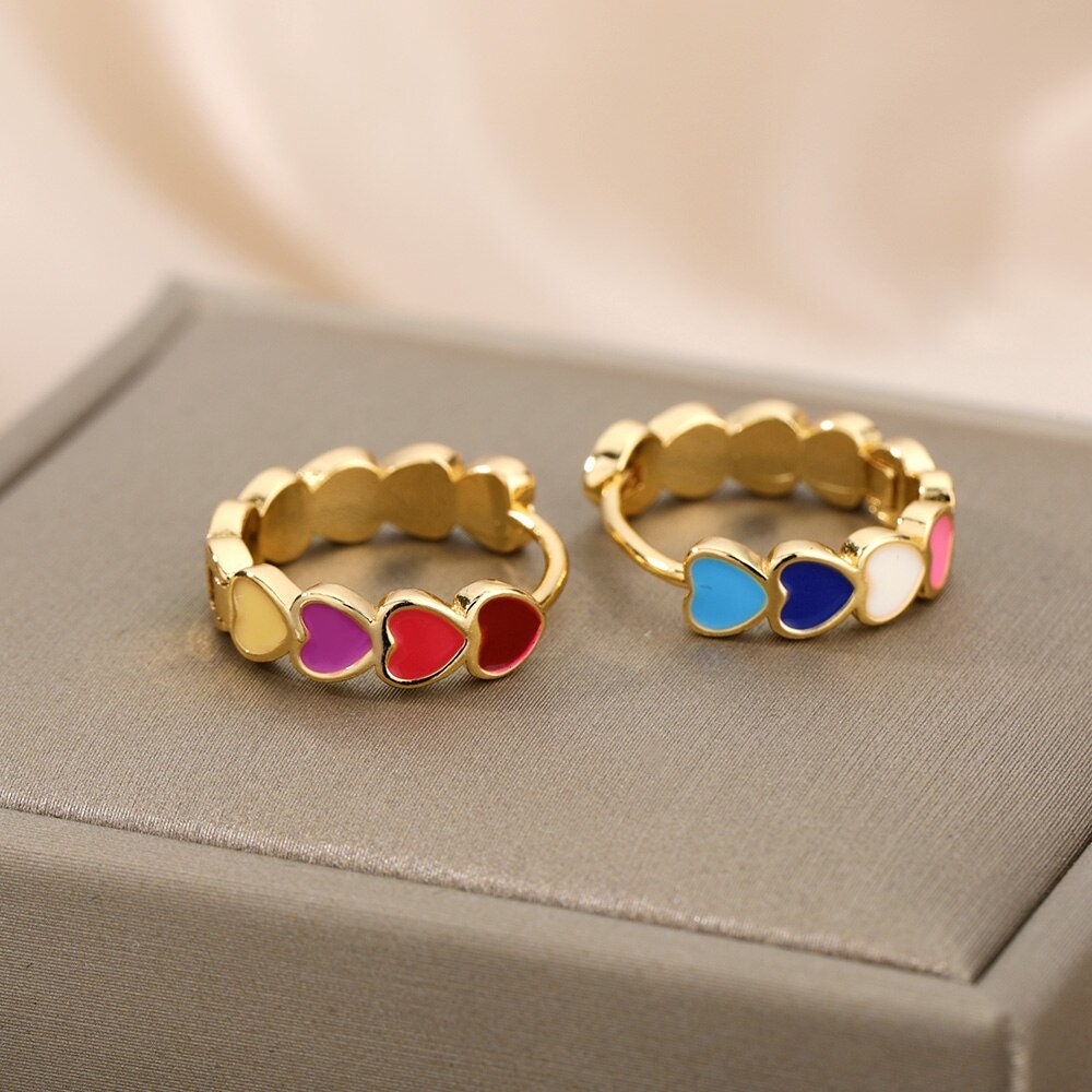 Punk Gold Heart Hoop Earrings, 18K Gold Dainty Heart Hoops Earrings, Boho Minimalist Heart Enamel Hoops for Women, Gift for Her