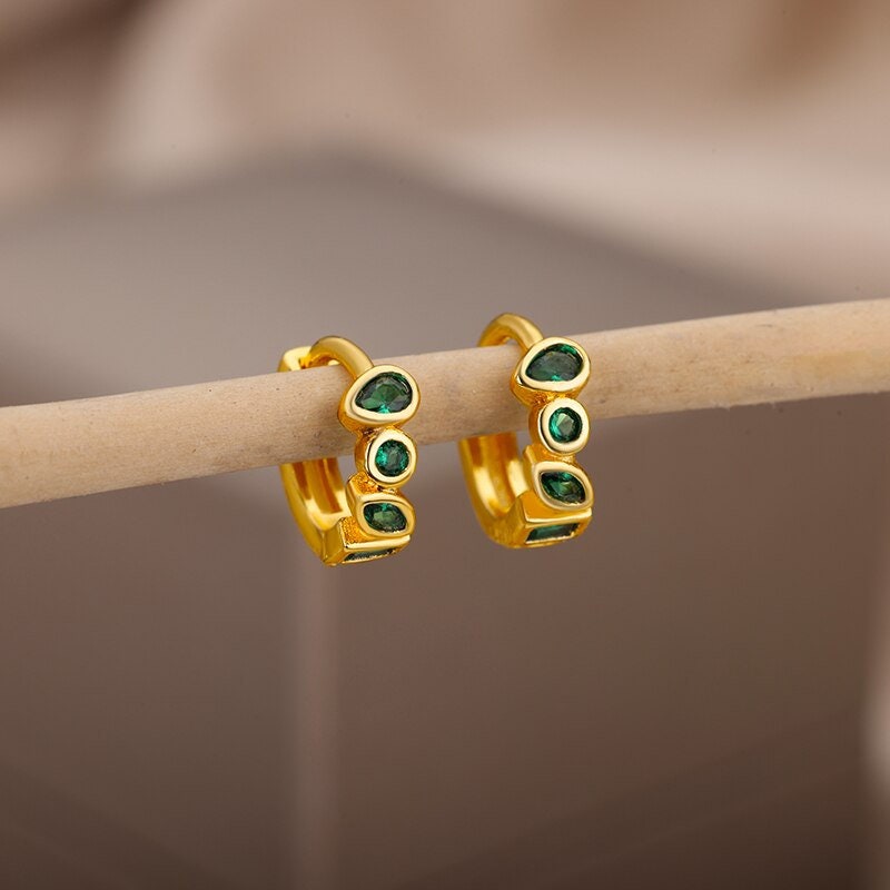 Punk Crystal Hoop Earrings, 18K Gold Crystal Hoops, Boho Dainty Minimalist, Crystal Cubic Zirconia Hoop Earrings for Women, Gift for Her