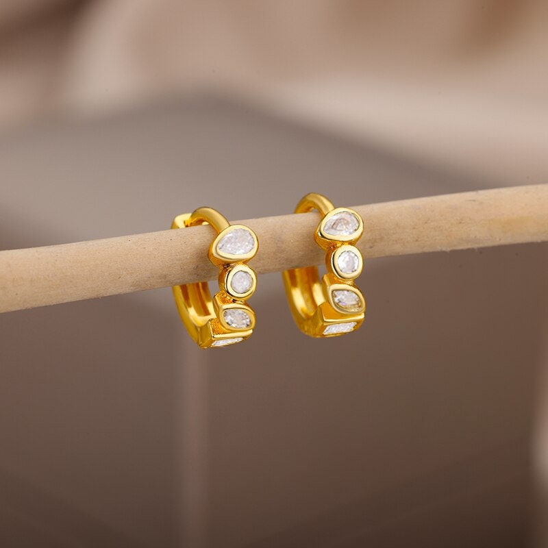Punk Crystal Hoop Earrings, 18K Gold Crystal Hoops, Boho Dainty Minimalist, Crystal Cubic Zirconia Hoop Earrings for Women, Gift for Her