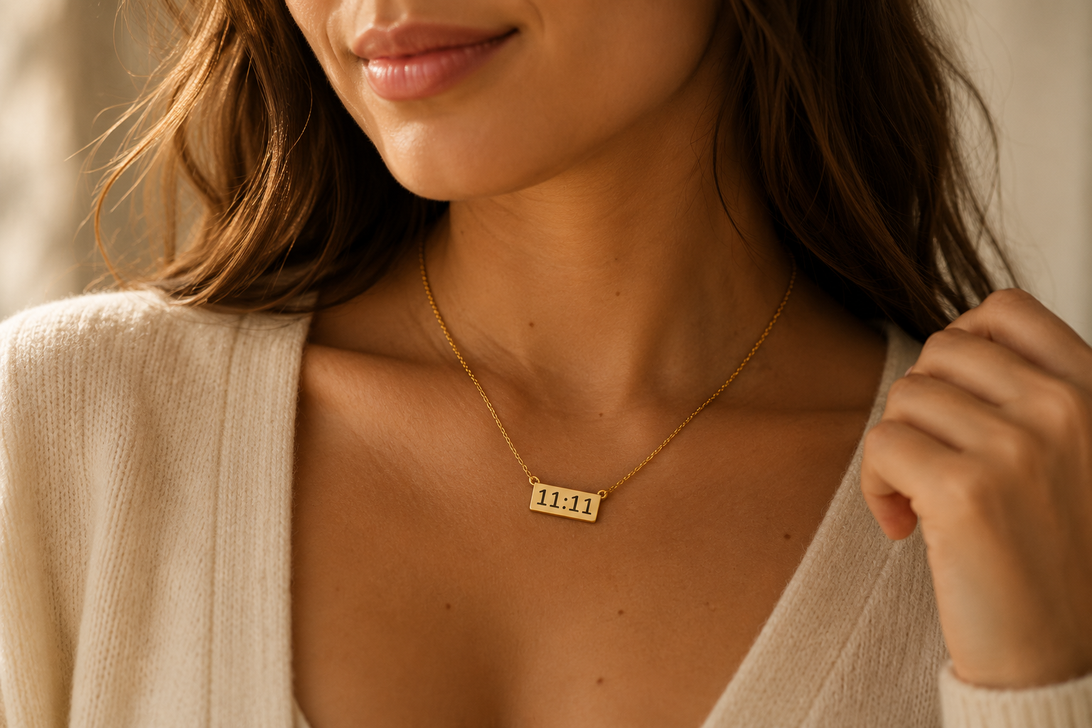 Gold 11:11 angel number necklace on model, spiritual jewelry for manifestation