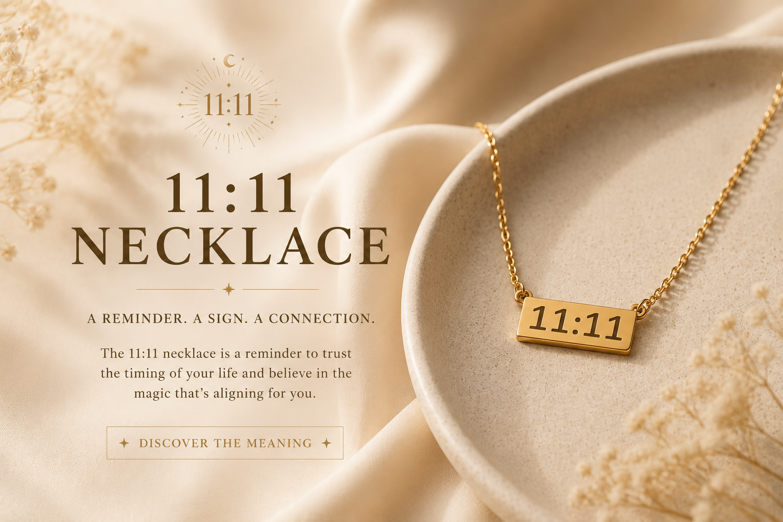 Gold 11:11 necklace styled in warm golden lighting with soft feminine celestial aesthetic