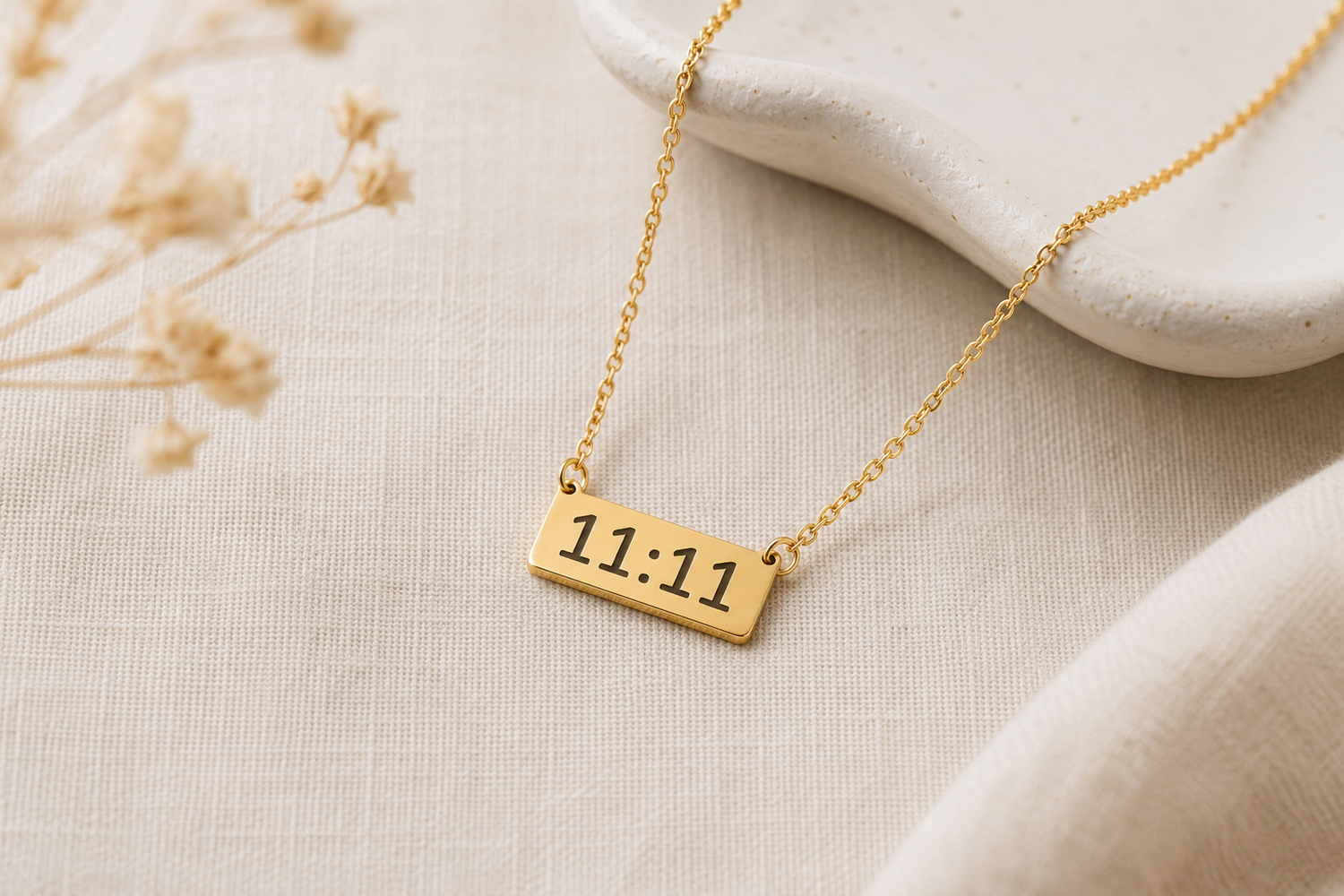 Gold 11:11 bar necklace symbolizing intuition, synchronicity, manifestation, and spiritual alignment.