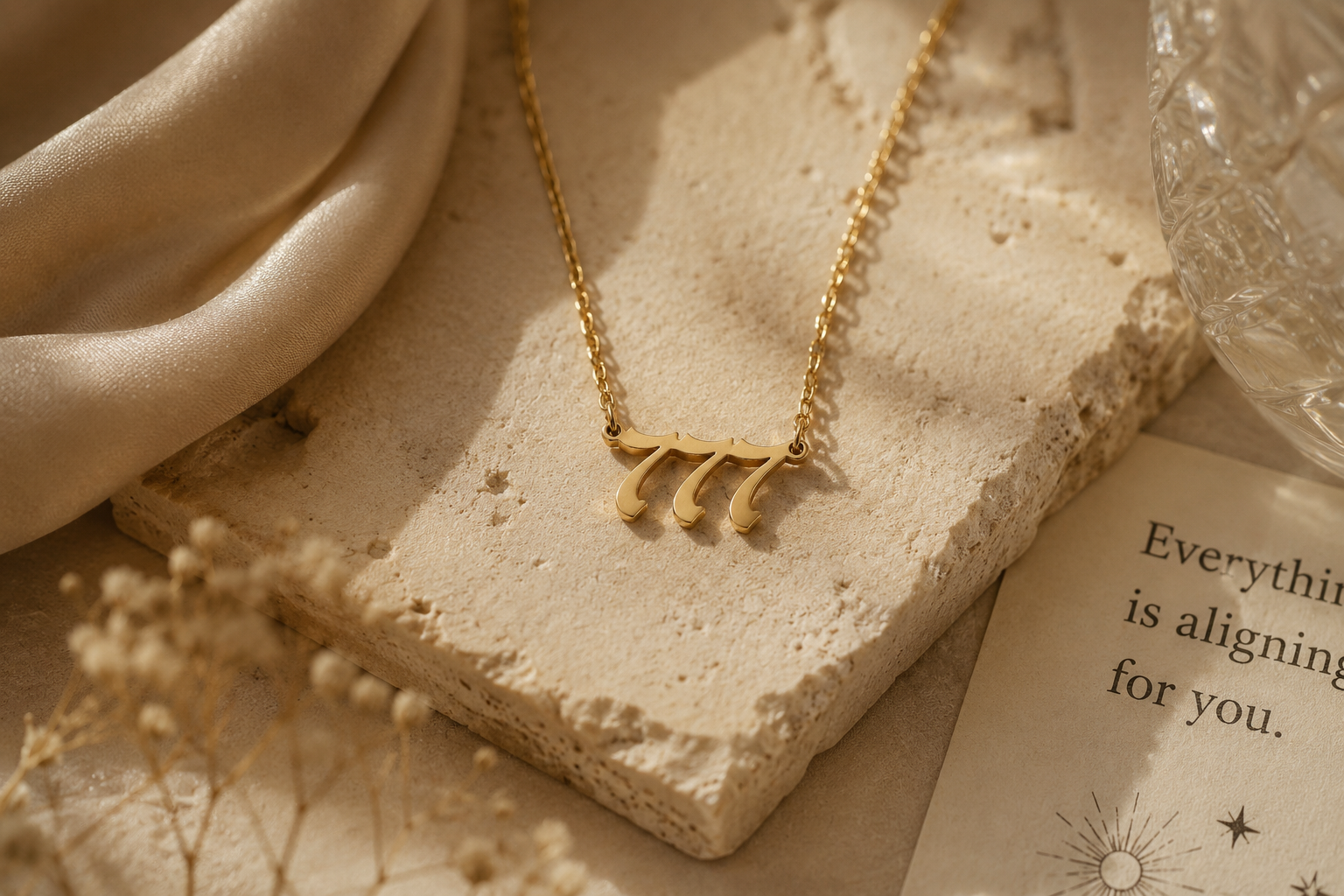 Gold 777 necklace hero image styled with warm beige lighting, celestial symbolism, and feminine spiritual jewelry aesthetics.