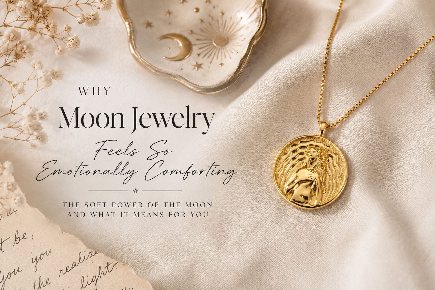 Editorial hero image featuring Aphrodite necklace with warm feminine luxury styling and soft beige sunlight