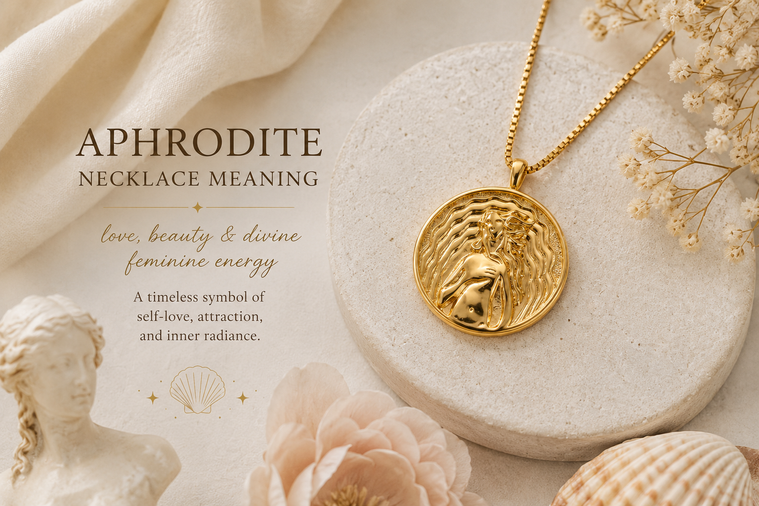 Gold Aphrodite necklace styled in a soft feminine hero image with warm beige tones and symbolic jewelry details.