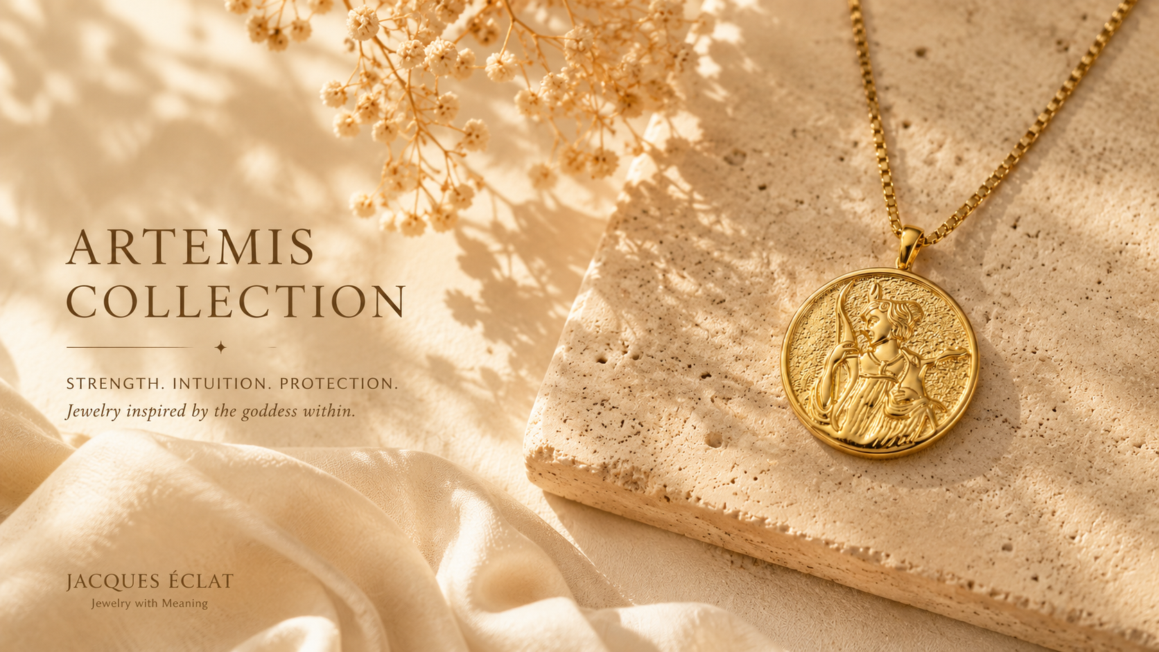 Warm editorial hero banner featuring Artemis goddess necklace with celestial feminine luxury aesthetic