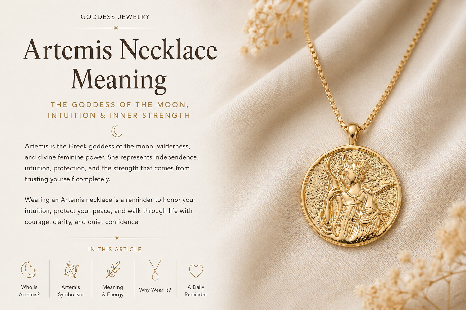 Gold Artemis goddess necklace symbolizing feminine strength, intuition, freedom, and moon energy.