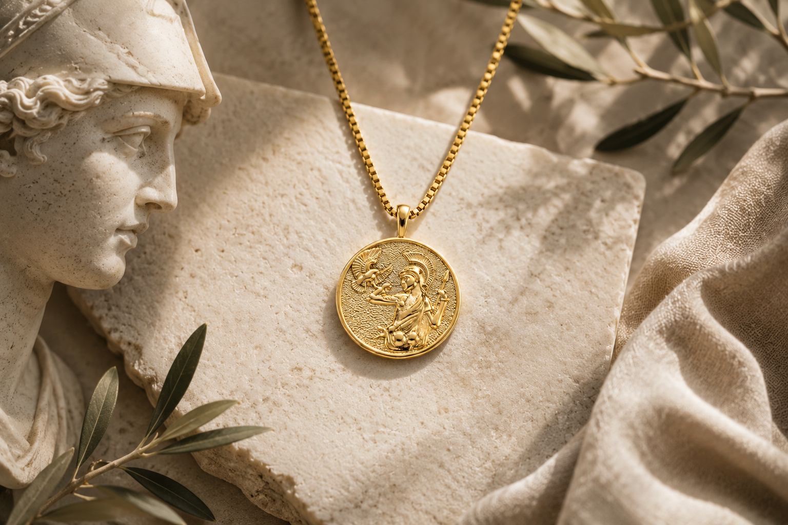 Gold Athena necklace hero image styled with classical feminine details, warm beige tones, and symbolic goddess jewelry aesthetics.