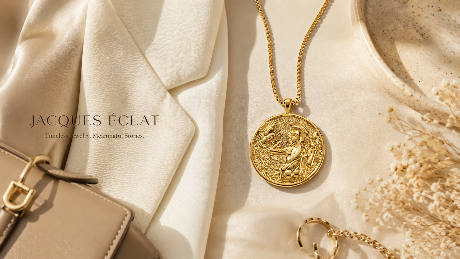 Athena necklace styled with neutral fashion accessories in a quiet luxury editorial setting representing thoughtful confidence and timeless style