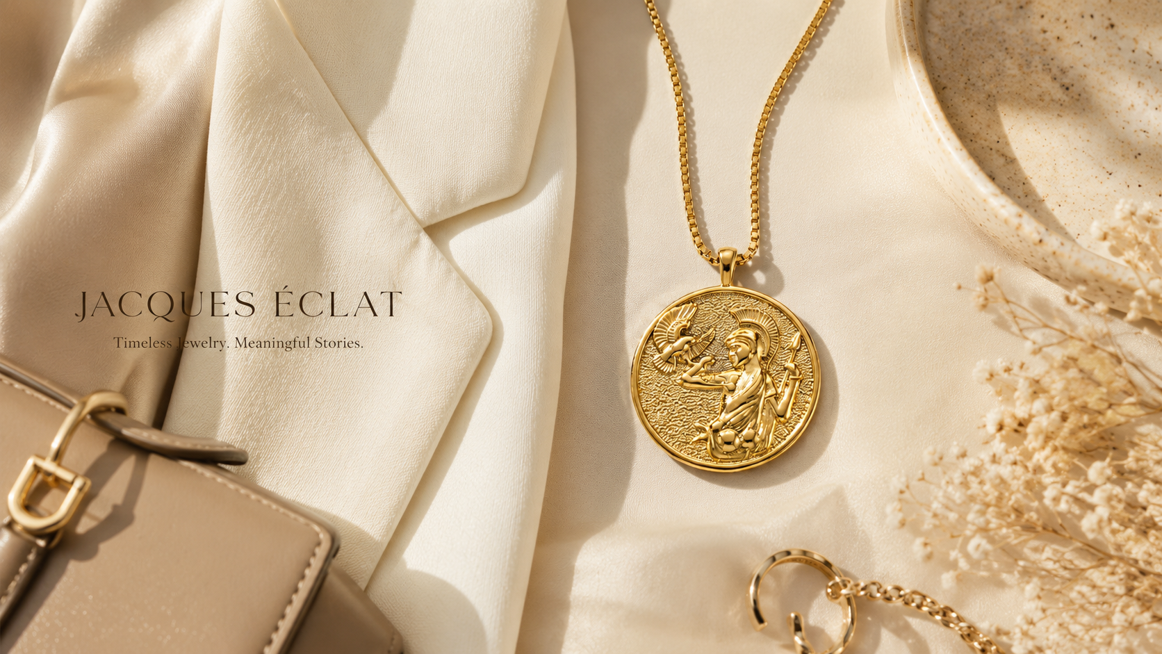 Athena necklace styled with neutral fashion accessories in a quiet luxury editorial setting representing thoughtful confidence and timeless style
