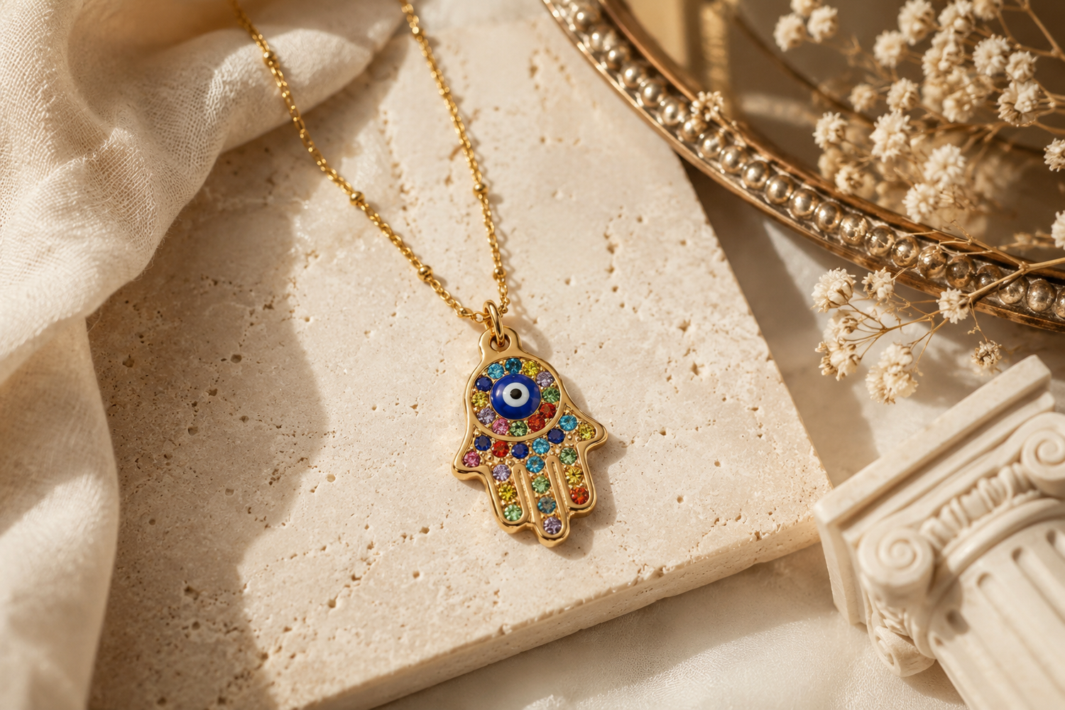Gold evil eye necklace hero image styled with warm beige lighting, symbolic protection aesthetics, and feminine spiritual jewelry details.