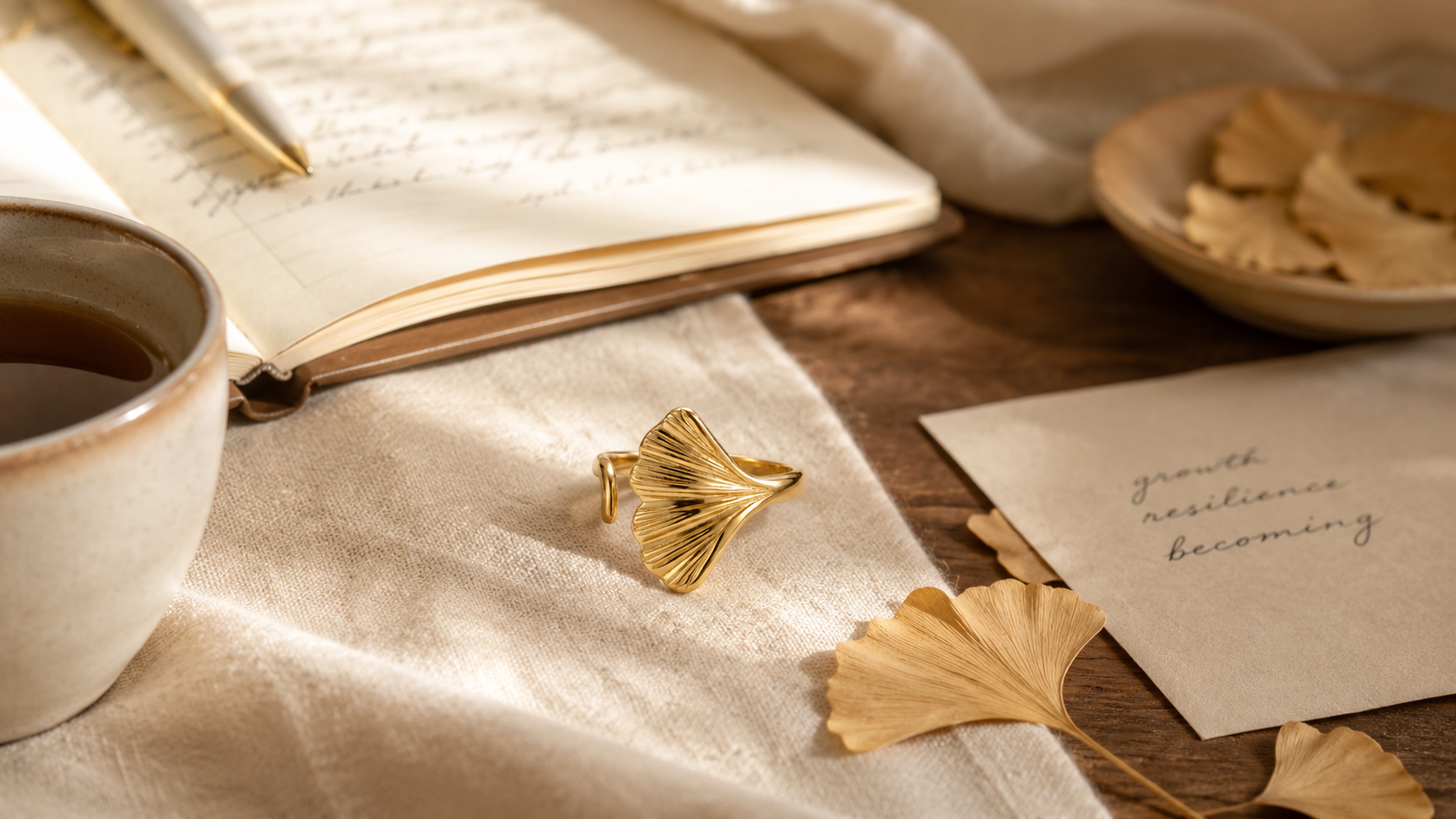 Gold ginkgo ring styled in a warm quiet luxury setting inspired by intentional living and everyday beauty.