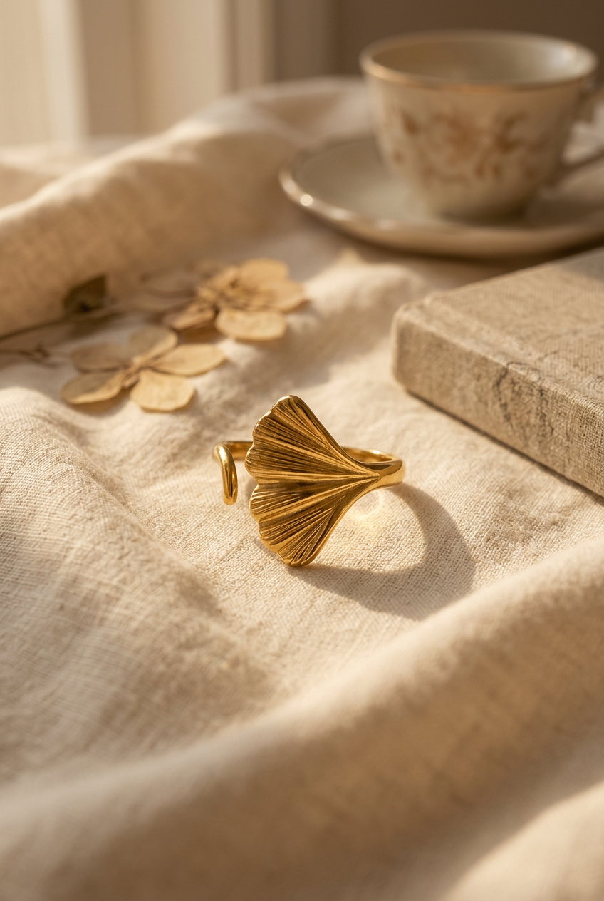 delicate gold ginkgo leaf ring on soft cream linen fabric in warm natural light