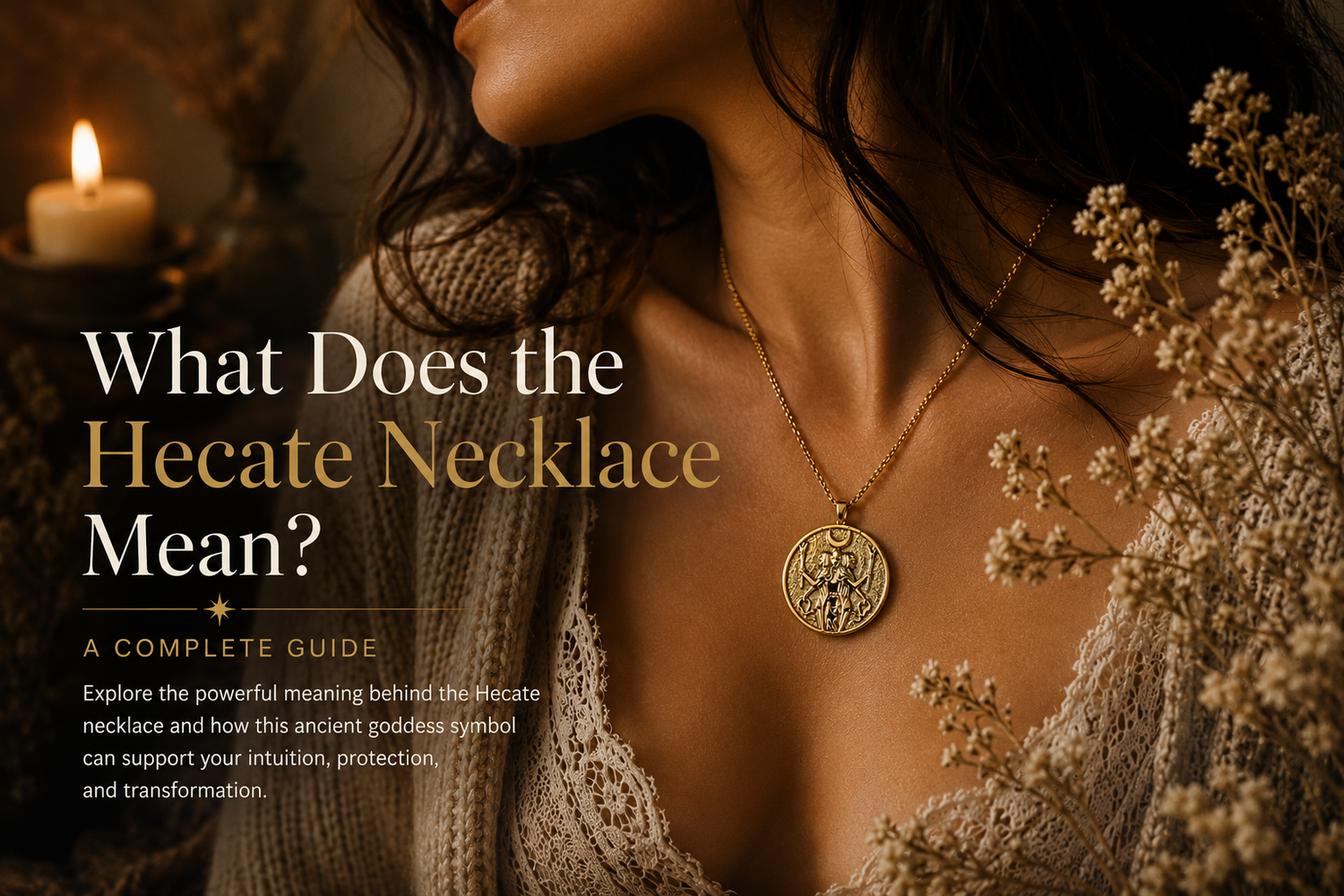 Woman wearing a symbolic gold Hecate necklace in warm candlelight with cozy feminine styling
