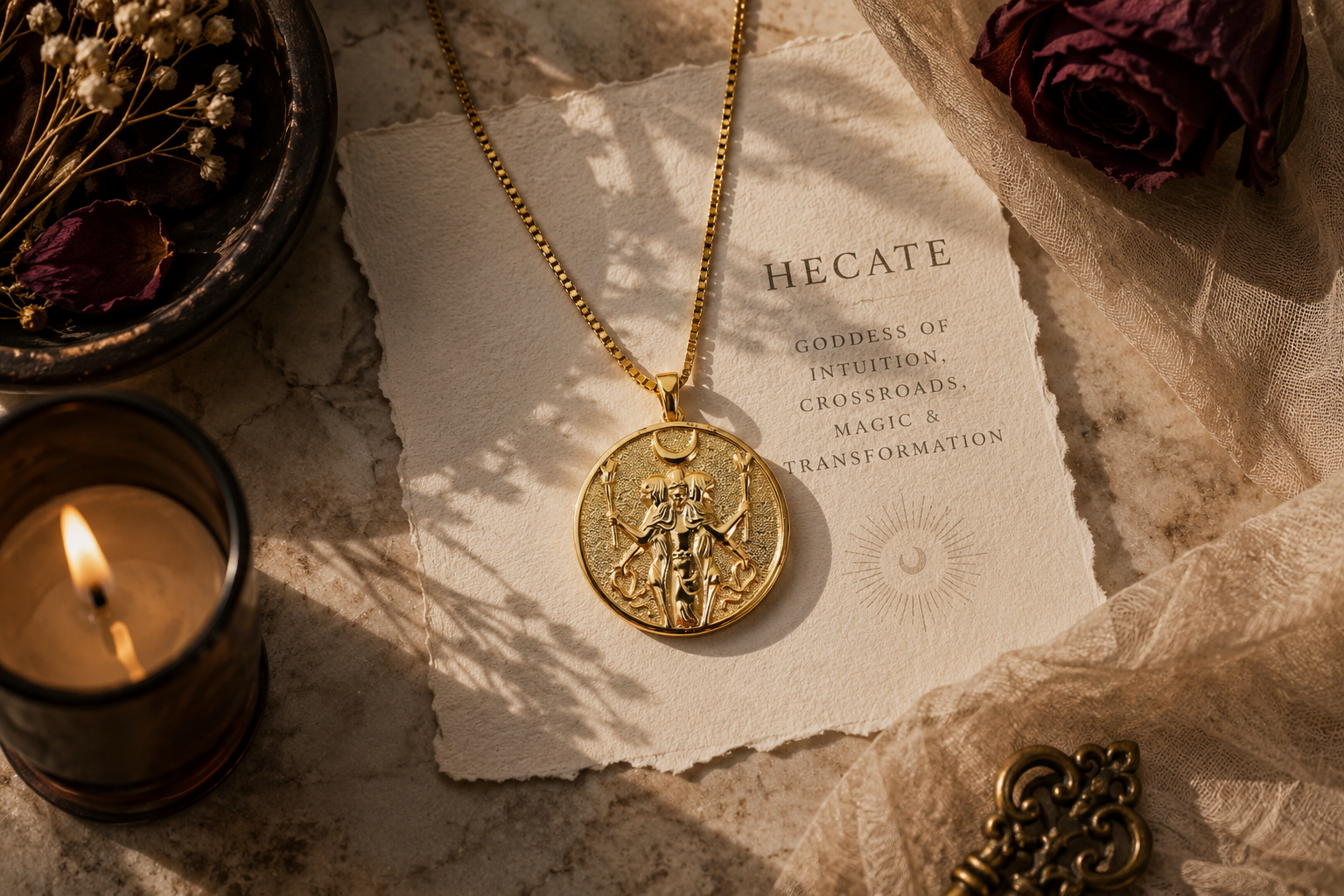 Hecate goddess coin necklace in 18K gold plated stainless steel, detailed Greek mythology pendant with triple-formed deity relief