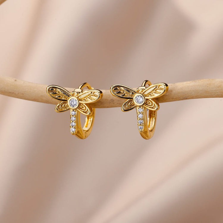Gold Dragonfly Crystal Hoop Earrings by Jacques Eclat