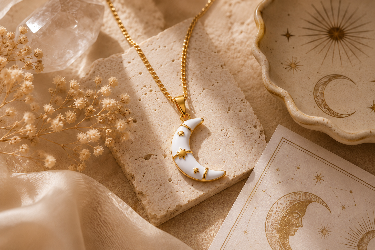 White enamel crescent moon necklace with gold stars on beige background