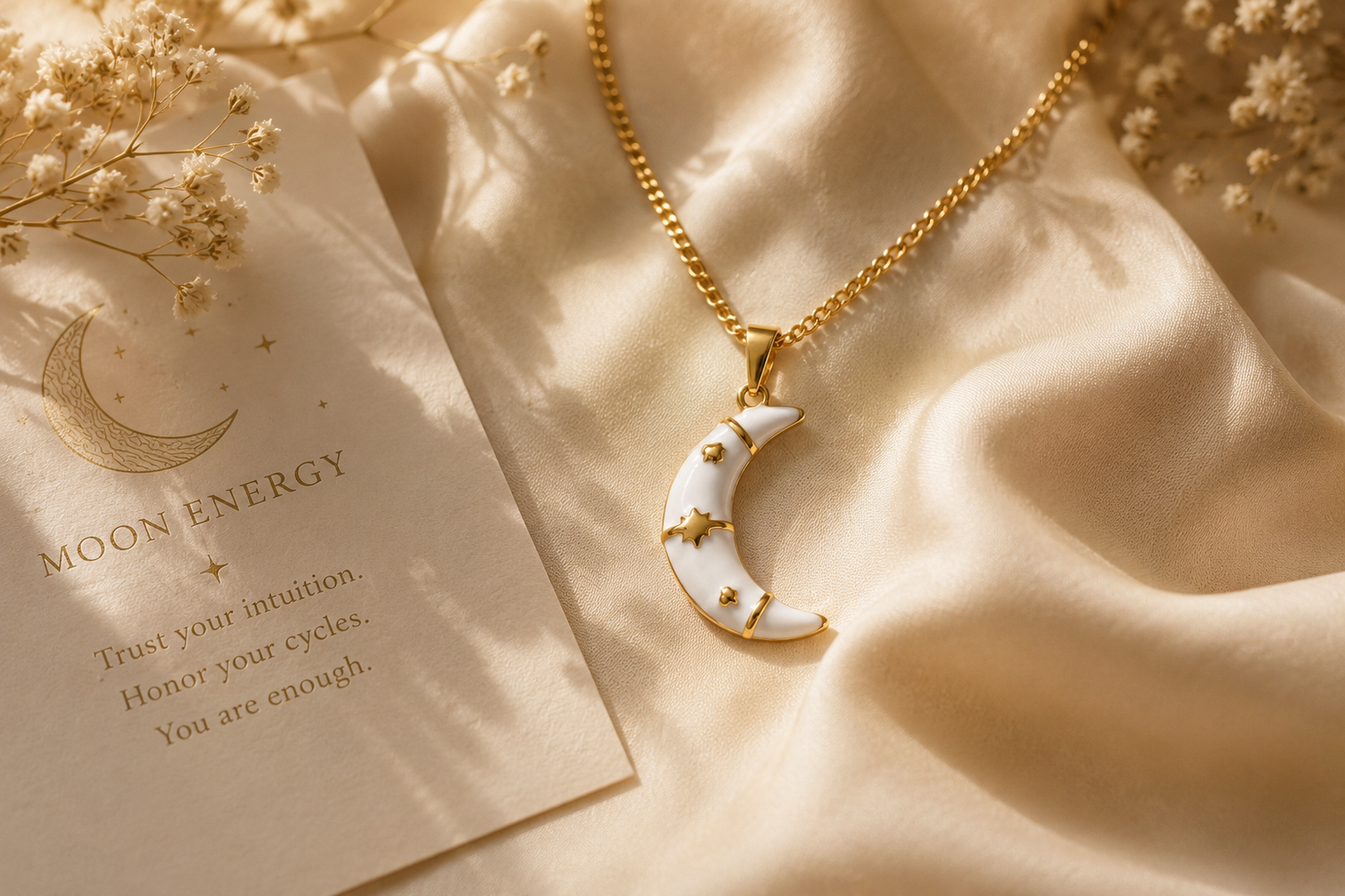 White enamel crescent moon necklace symbolizing feminine intuition, emotional cycles, celestial energy, and inner peace.