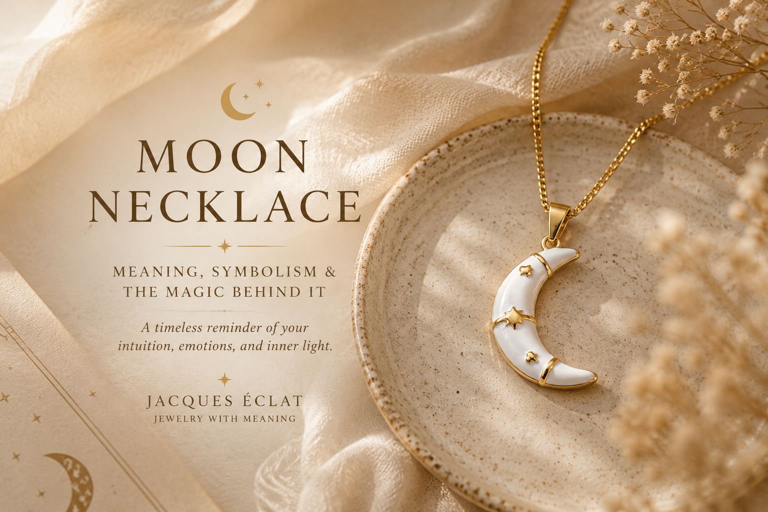 Warm celestial editorial hero banner featuring moon necklace with soft feminine luxury aesthetic