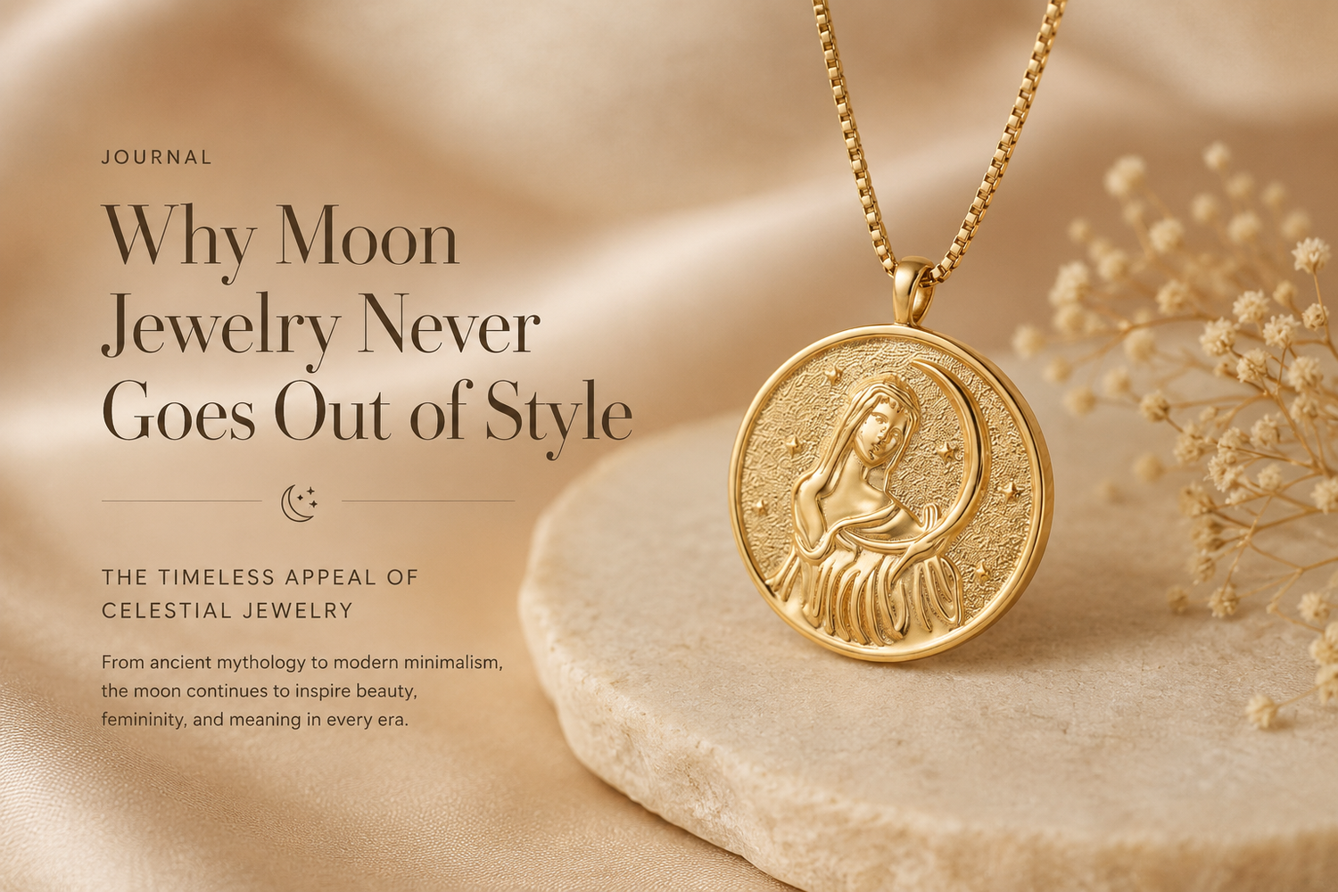 Gold Selene moon goddess pendant necklace with celestial feminine luxury aesthetic