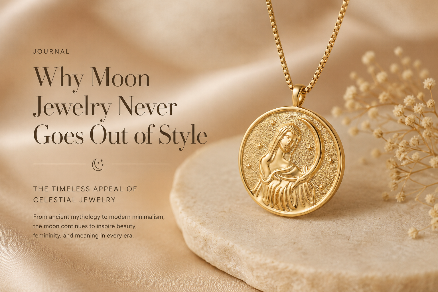 Gold Selene moon goddess pendant necklace with celestial feminine luxury aesthetic