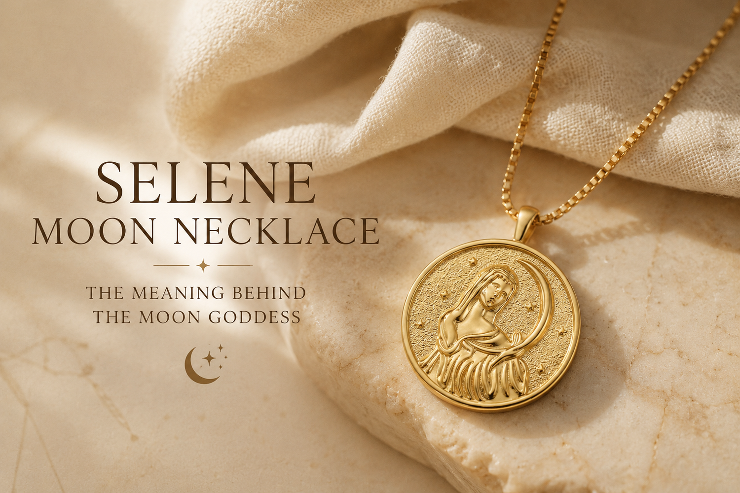 Elegant gold Selene moon necklace representing intuition, feminine energy, and celestial symbolism on soft neutral background.