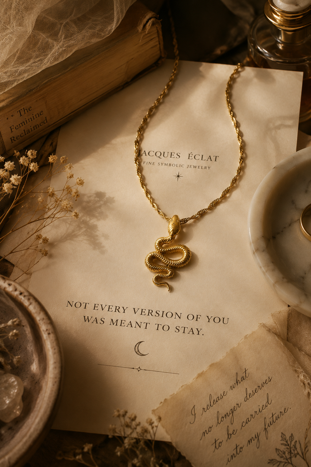 Gold snake necklace styled in warm cinematic lighting with feminine reinvention symbolism and soft transformational luxury aesthetics.