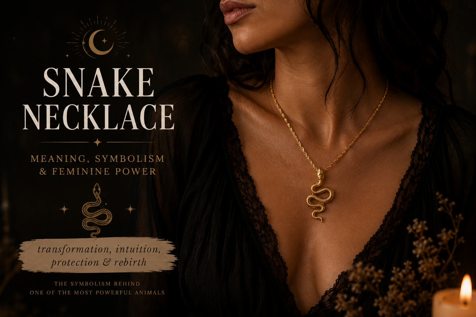 Moody editorial blog hero image featuring a woman wearing a symbolic gold snake necklace with dark feminine styling, warm candlelight, and mystical spiritual aesthetic