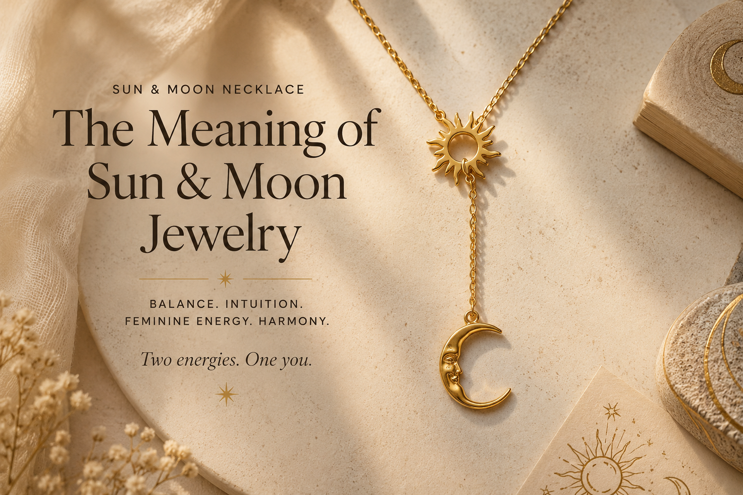 Elegant gold sun and moon necklace styled on soft neutral fabric with celestial feminine editorial aesthetic.
