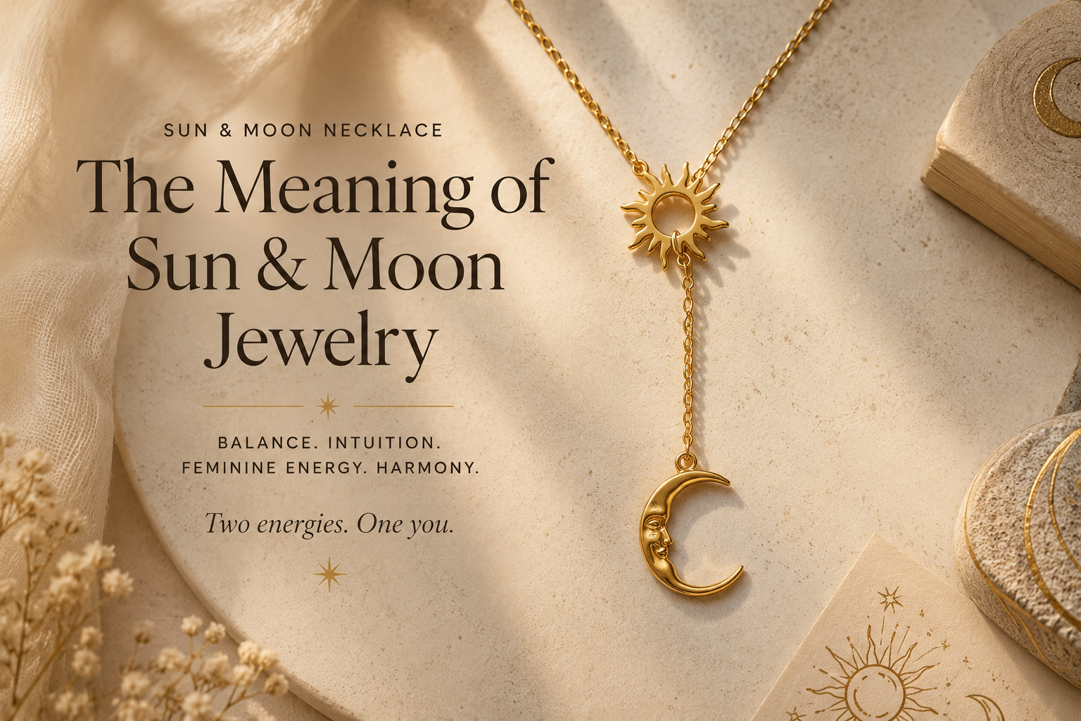 Elegant gold sun and moon necklace styled on soft neutral fabric with celestial feminine editorial aesthetic.