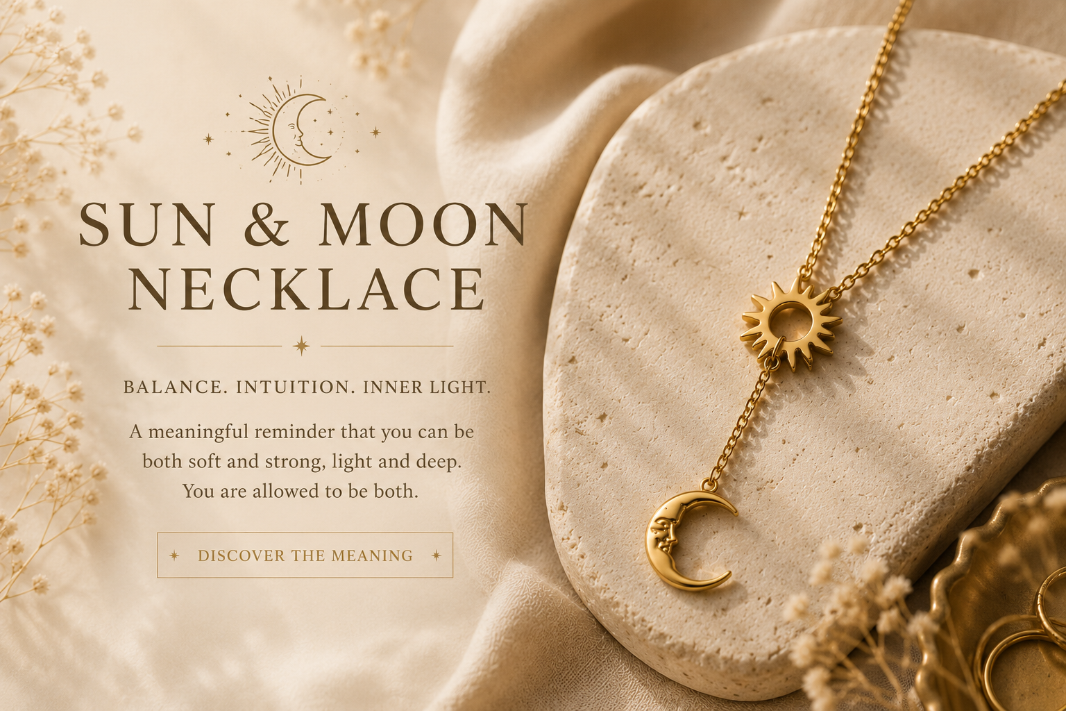 Woman wearing gold sun and moon necklace in soft warm natural lighting
