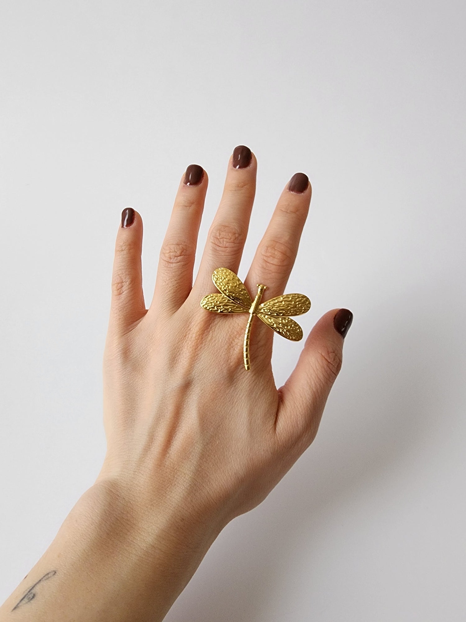 18K Gold Dragonfly Ring for Women, Adjustable Dainty Nature Insect Boho Stacking