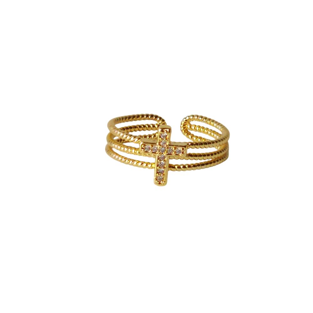 18K Gold Minimalist Dainty Cross Ring for Women, Thin Jesus Cross Band Religious