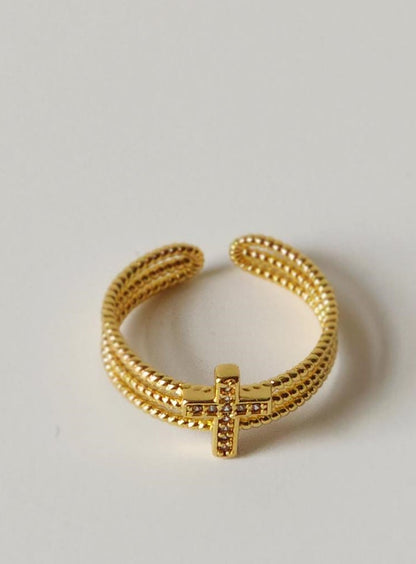 18K Gold Minimalist Dainty Cross Ring for Women, Thin Jesus Cross Band Religious