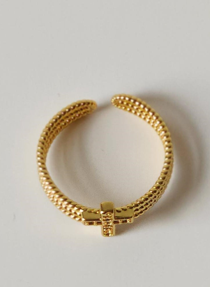 18K Gold Minimalist Dainty Cross Ring for Women, Thin Jesus Cross Band Religious