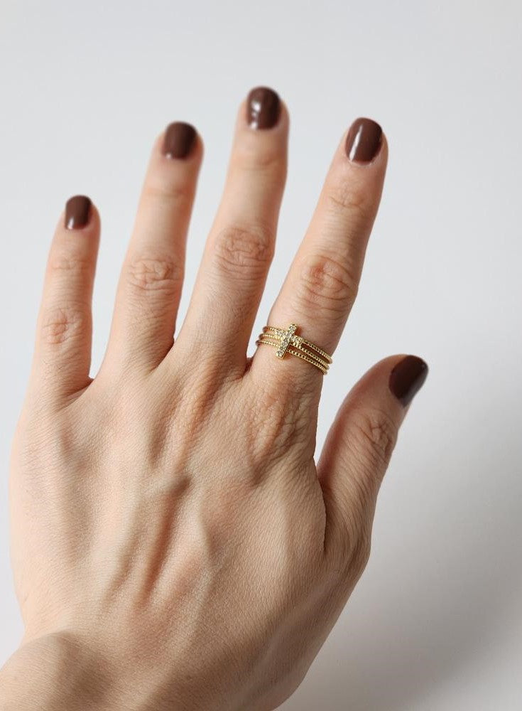 18K Gold Minimalist Dainty Cross Ring for Women, Thin Jesus Cross Band Religious