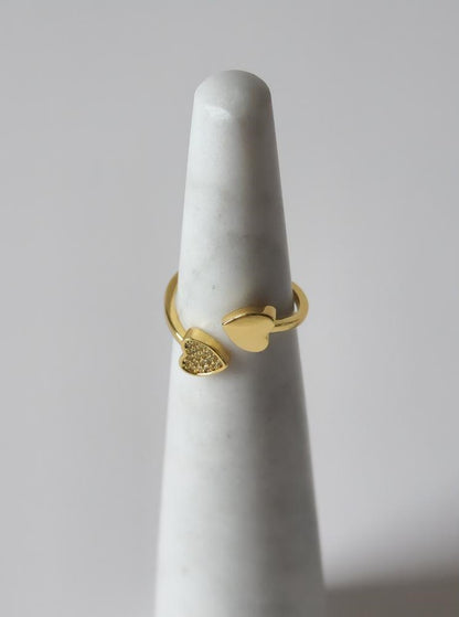 18K Gold Dainty Heart Open Ring for Women, Adjustable Minimalist Love Heart Band