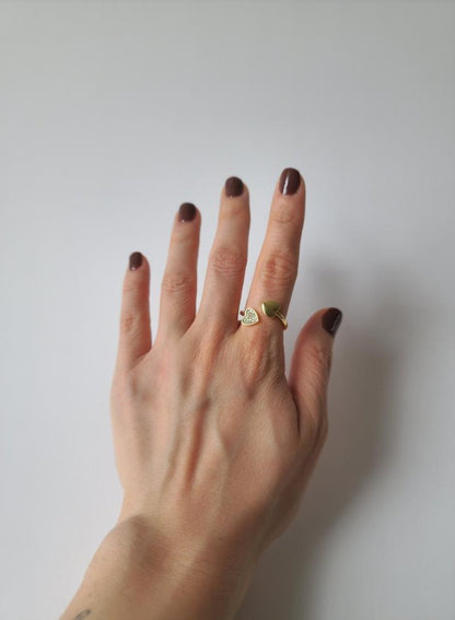 18K Gold Dainty Heart Open Ring for Women, Adjustable Minimalist Love Heart Band