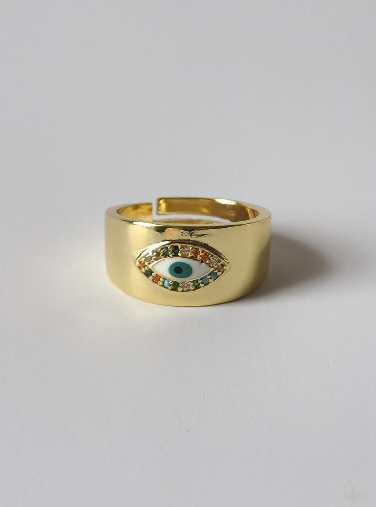 18K Gold Plated Thick Evil Eye Ring for Women, Bold Statement Protection Jewelry, Adjustable Wide Band Lucky Charm Gift for Her