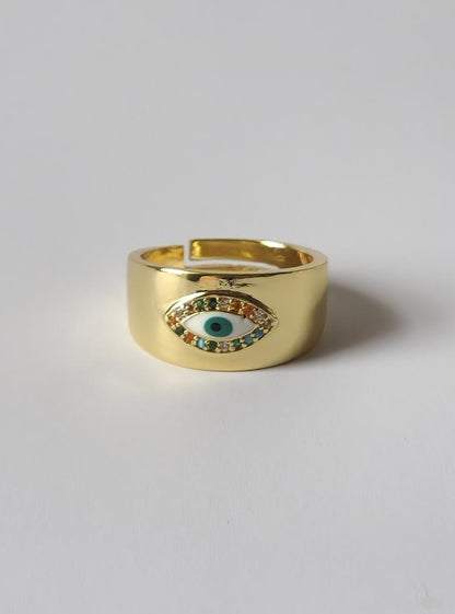 18K Gold Plated Thick Evil Eye Ring for Women, Bold Statement Protection Jewelry, Adjustable Wide Band Lucky Charm Gift for Her