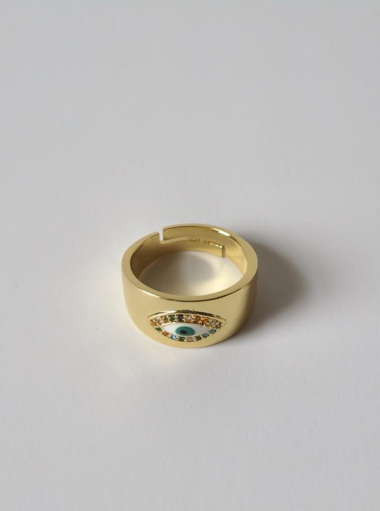 18K Gold Plated Thick Evil Eye Ring for Women, Bold Statement Protection Jewelry, Adjustable Wide Band Lucky Charm Gift for Her