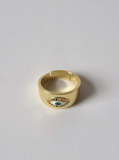 18K Gold Plated Thick Evil Eye Ring for Women, Bold Statement Protection Jewelry, Adjustable Wide Band Lucky Charm Gift for Her