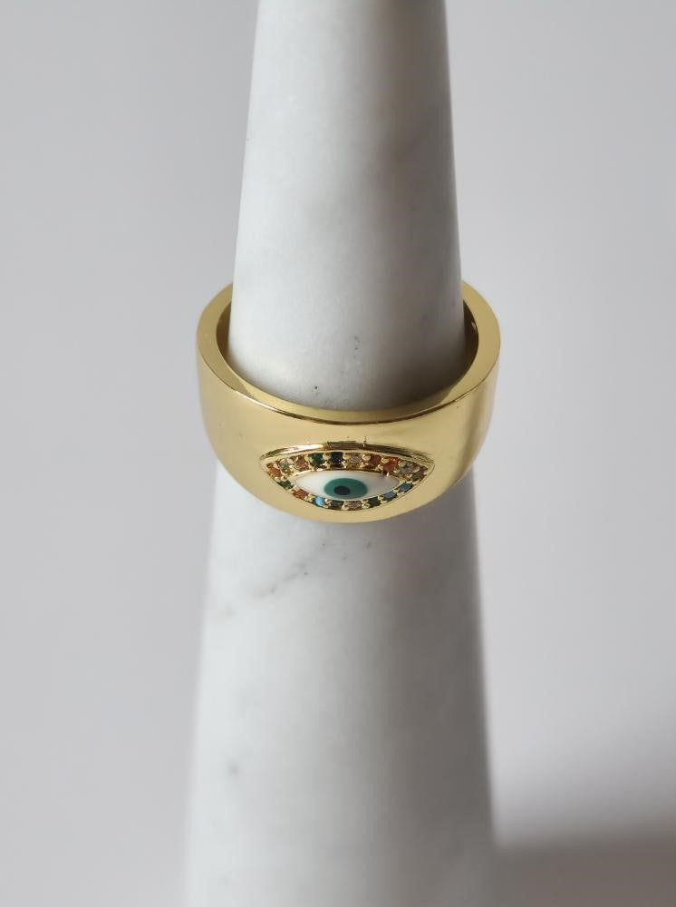 18K Gold Plated Thick Evil Eye Ring for Women, Bold Statement Protection Jewelry, Adjustable Wide Band Lucky Charm Gift for Her