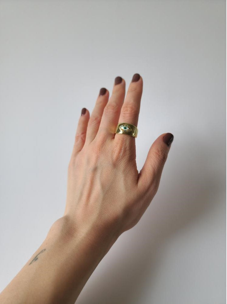 18K Gold Plated Thick Evil Eye Ring for Women, Bold Statement Protection Jewelry, Adjustable Wide Band Lucky Charm Gift for Her