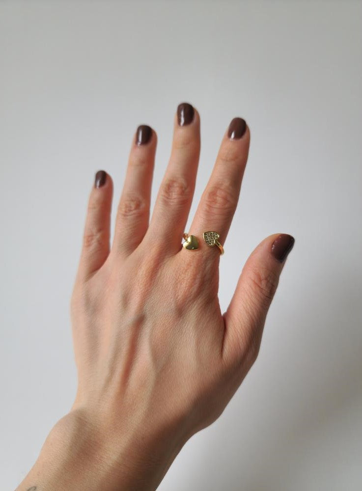 18K Gold Dainty Heart Open Ring for Women, Adjustable Minimalist Love Heart Band