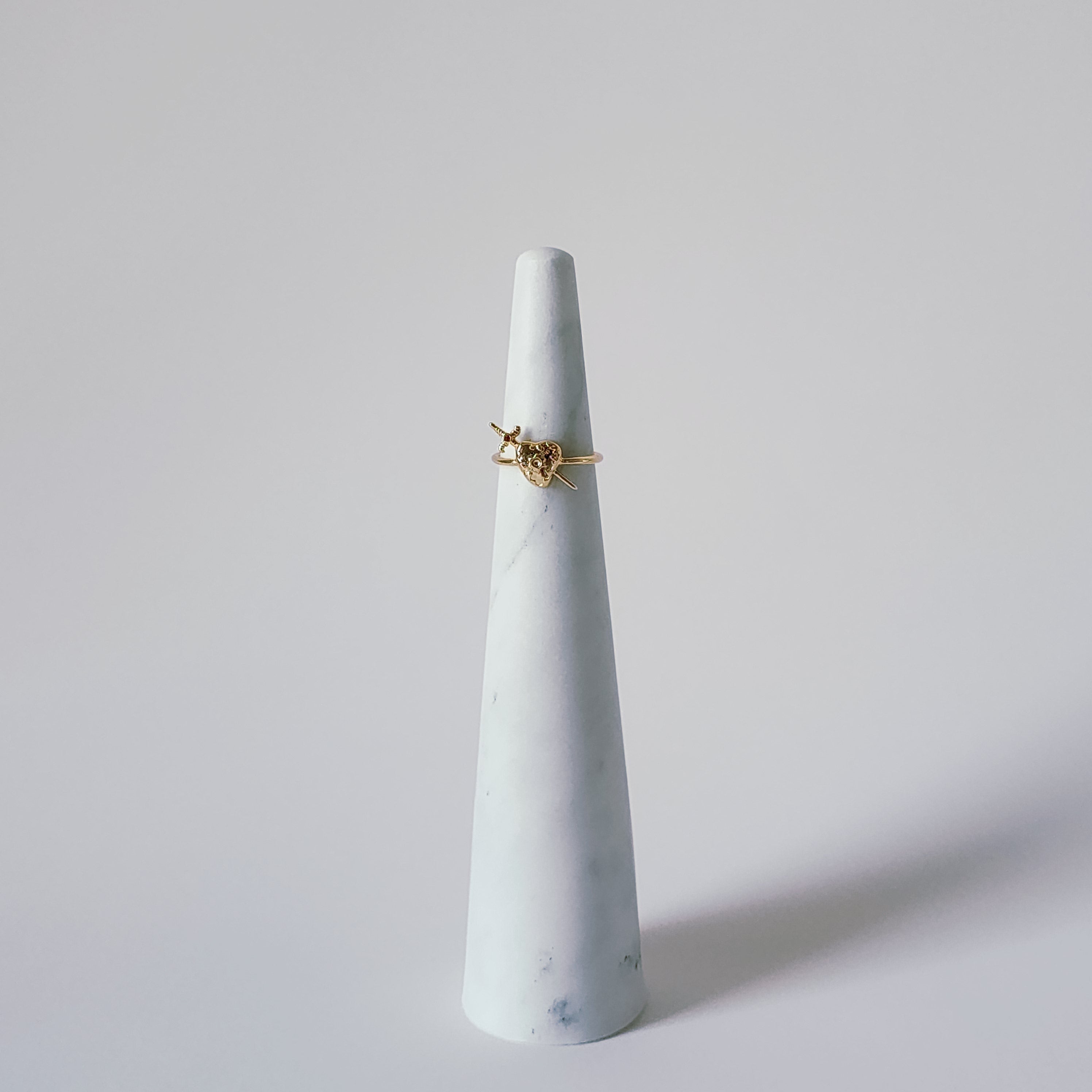 18K Gold Heart Sword Ring for Women, Minimalist Dainty Floral Band Stacking